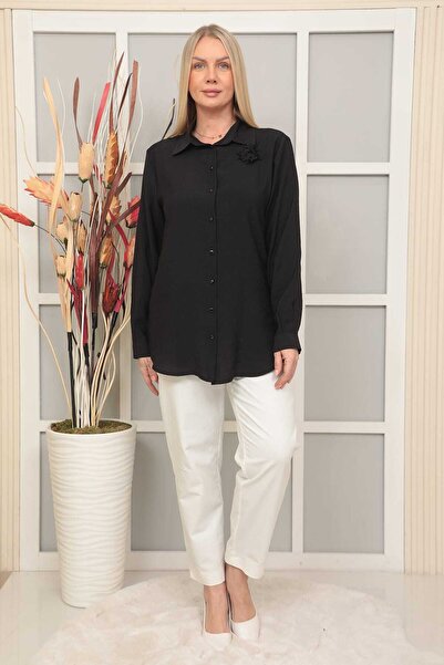 Bracha Plus Size Modal Fabric Comfortable Fit Brooch Detailed Women's Shirt