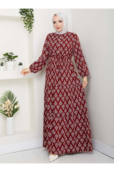 SAHRA BUTİK Half Placket Buttoned Viscose Dress - Burgundy -