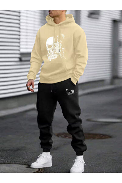 PENTHİLUS Unisex Kafatası & Gül Baskılı 3 İplik Kapüşonlu Sweatshirt Eşofman ...