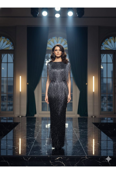 Zeyn KADIN ABİYE BONCUK VE İŞLEME DETAYLI UZUN ELBİSE