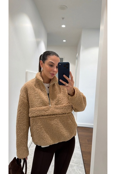 sinemkivanc co Kalın kışlık kanguru peluş teddy bej sweatshirt