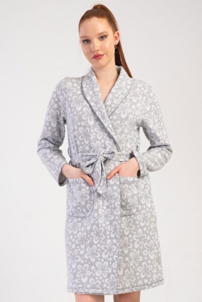 VİENETTA Women's Jacquard Shawl Collar Long Sleeve Gray Color Patterned Dressing Gown C2T2N0105