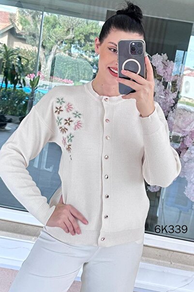 İnce Topuk Floral Embroidered Knitwear Cardigan 6K339