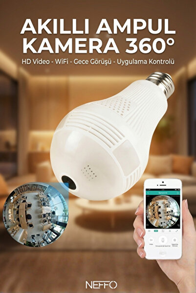 NEFFO 360° Panoramik Balıkgözü Ampul Kamera | 1080P WiFi | Gece Görüşlü | Hareket Sensörlü | İki Yönlü Ses