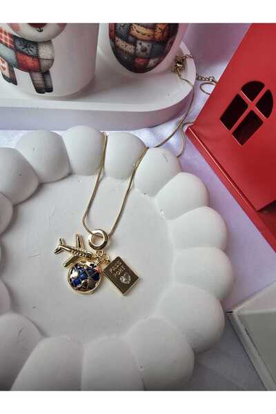 AYRİZ ACCESSORİES GOLD ÇELİK GEZGİN SEYAHAT KOLYESİ(UÇAK,DÜNYA,PASAPORT)