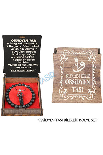 ihvan online Obsidian Stone Necklace Bracelet Set with Special Wooden Box