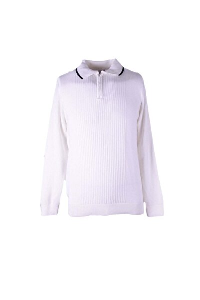 trender Zippered Polo White Men's Sweater 18103