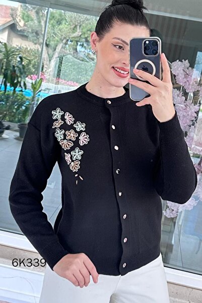 İnce Topuk Floral Embroidered Knitwear Cardigan 6K339