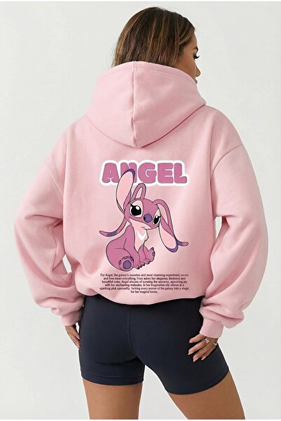 BRF Collection Lilo & Stitch Angel Baskılı Oversize Hoodie – Açık Pembe