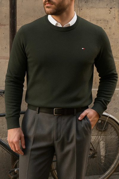 comstar Ανδρικό πουλόβερ με λαιμόκοψη εφαρμοστό χακί