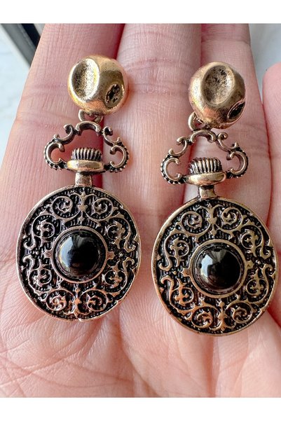 Gümüş sandık Vintage Patterned Black Stone Dangle Earrings, Antique Gold Color, Stylish Retro Women's Earrings