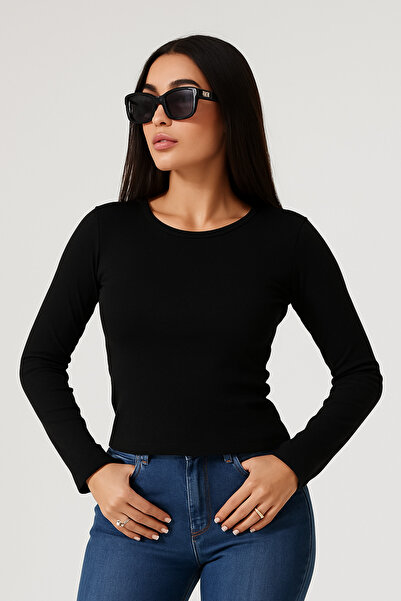 BAG LUXURY Kadın Bisiklet Yaka Basic Uzun Kollu Body Full Likralı Tam kalıp