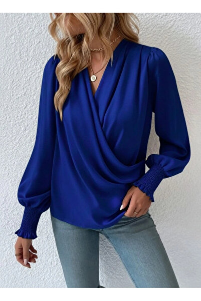 GENCULUS Women's Long Sleeve Flowy Double-Breasted Neckline Cuffed Sandy Navy Blue Blouse