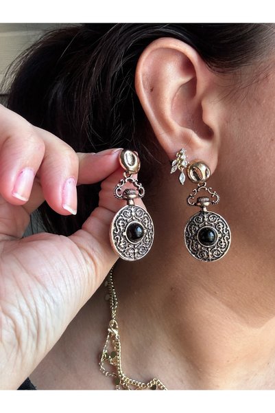 Gümüş sandık Vintage Patterned Black Stone Dangle Earrings, Antique Gold Color, Stylish Retro Women's Earrings
