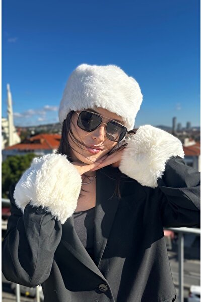 Mollycrush Plush Fur Kalpak and Bracelet Set White |   Winter Hat Gloves