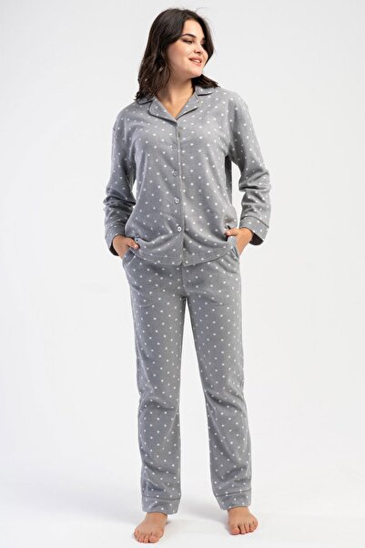 VİENETTA Women's Front Button Long Sleeve Polka Dot Pattern Gray Color Fleece Pajama Set C4T4N8161