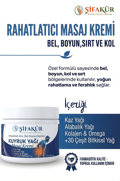 ŞİFAKÜR BİTKİSEL SAĞLIK ÜRÜNLERİ Kuyruk Yağı Kremi İbni Sina Formüllü Kaz ve Alabalık Yağı Özlü Bel Boyun Diz Masaj Kremi 350ml
