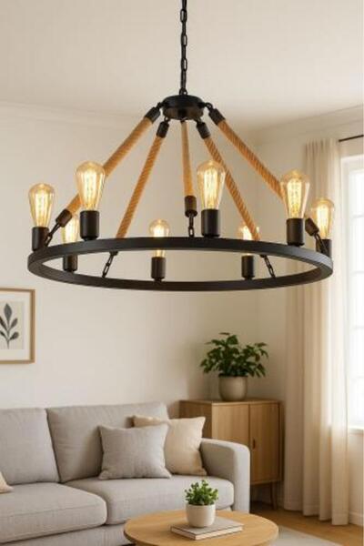 genric ثريا بحبل دائري، تصميم ريفي، 8 لمبات (80 سم)