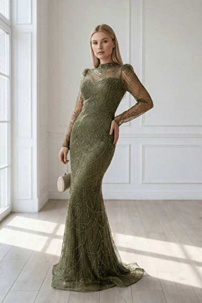 BEYBOS Full Boncuklu Kumaş Balık Abiye Elbise - HAKİ YEŞİLİ