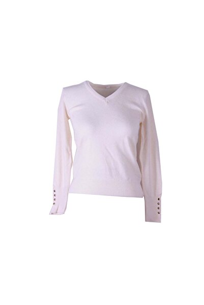 trender basic Pulover de damă ecru cu decolteu în V 26KL71A40021