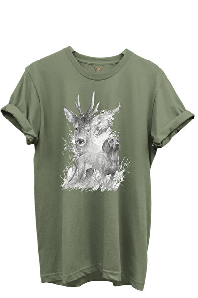 WİDİ Deer and Hunting Dog Illustration Printed 100% Cotton Regular Fit Crew Neck Unisex T-Shirt