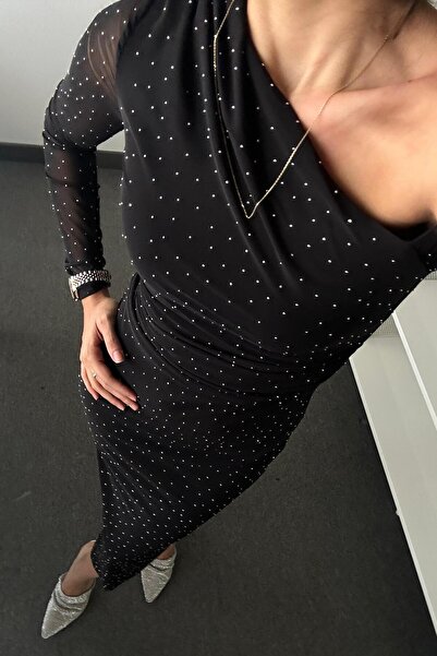 codudem Siyah taşlı yılbaşı gecesi özel tek omuz tül midi uzun elbise