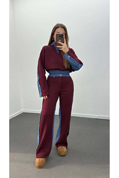 Ecenin Favorileri بنطال رياضي بورجوندي بتفاصيل من الدنيم مع أزرار جانبية للنساء