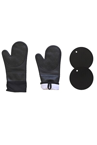 Q's Inn Set of 2 oven gloves + 2 heat-resistant silicone accessories, black