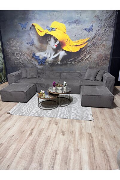 Erduran Mobilya Angelo 6 modül U köşe koltuk takımı fitilli kadife Antrasit gri