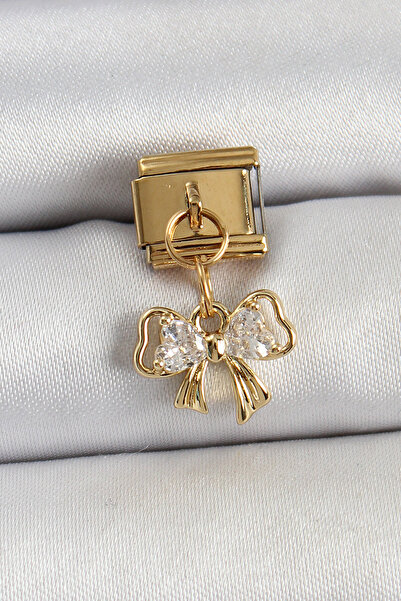 Lisinya 316L Steel Dangle Zircon Stone Bow Model Gold Color Nomination Charm ...