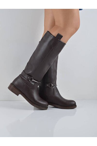 Şanslı Ayakkabıcılık Brown Leather Flat Heel Metal Buckle Long Boots