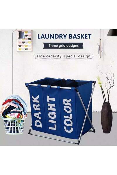 Generic 3-compartment fabric laundry basket with metal stand - blue