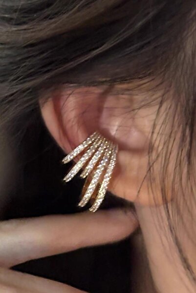 TAKIŞTIR Altın Renk Taş Detaylı 14K Altın Kaplama TX Ear Cuff (Tek)
