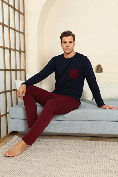 STELLAPİNK طقم بيجامة رجالي طويل من القطن الممشط المنقوش باللون الأسود