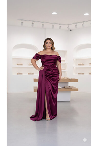 MAKKASMODA BALON KOLLU SATEN KUMAŞ DRAPELİ VE YIRTMAÇLI BÜYÜK BEDEN ABİYE ELBİSE