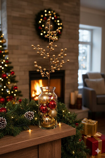 DODOMAR 60 cm – Ramură artificială de Crăciun cu fructe de pădure, model auriu, ramură decorativă de pin