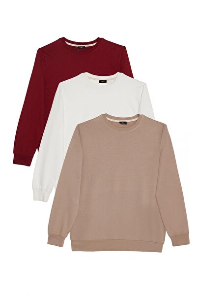 Tudors Men's 3-pack stone-white-burgundy relaxed fit comfortable cut 100% cotton 2-thread crew neck sweatshirt