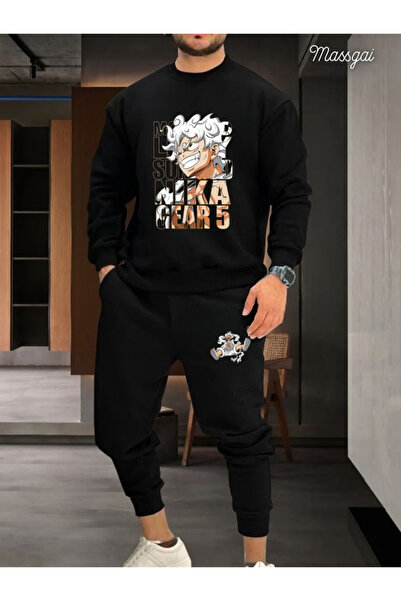 Massgai Unisex One Piece Monkey Nika Gear 5 Print Design Anime guler rotund set de sus și de jos Jogger supradimensionat