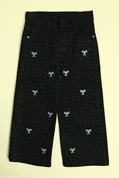 Fulla Moda Beli Ayarlanabilir Nakışlı Taşlı Kız Çocuk Palazzo Pantolon