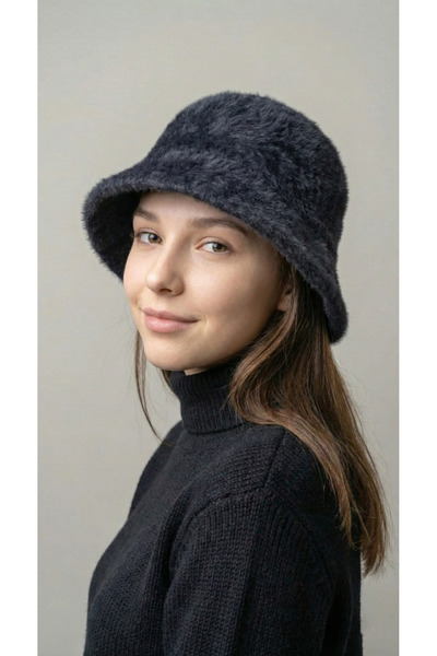 FATELLA Women's Black Plush Bucket Hat - Winter Warm Soft Textured Furry Hat