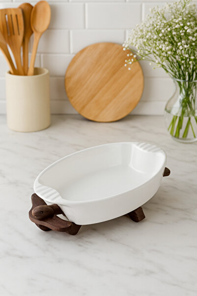 AENLINE HOME Ceramic Oven Dish with Wooden Stand |   Service & Presentation Container |   Heat Resistant White Ceramic