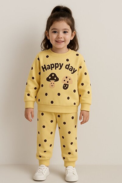 Bıcır Kıds طقم رياضي للفتيات من عمر 1-4 سنوات مبطن بالصوف باللون الأصفر الشتو...