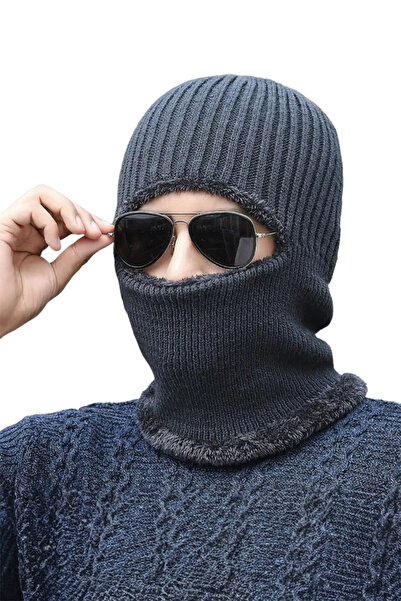 EFAYN.RO Caciula de barbati, model tip cagula, cu prelungire la gat protectie tip fular, standard, gri, EFAYN