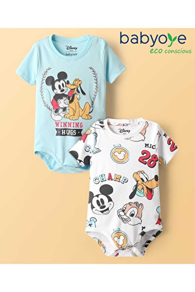 Babyoye Disney Interlock Knit Half Sleeves Onesies Mickey Mouse Pack Of 2 - L...