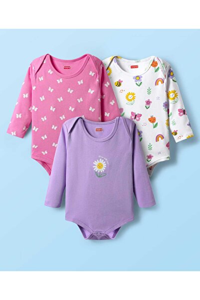 Babyhug 100% Cotton Interlock Knit Full Sleeve Onesies Butterfly&Floral Print (Pack Of 3)-Multicolor