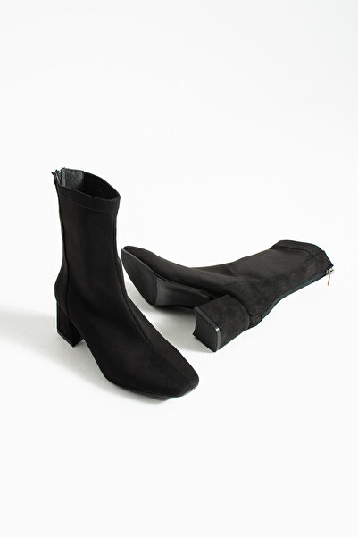 RevanStep Kadın Süet Streç Bot 5cm - Kare Burun Kalın Topuklu Konforlu Sock Boot