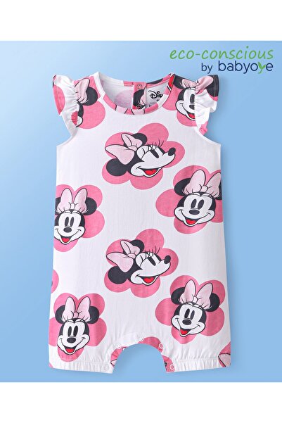 Babyoye Disney Romper with Frill Detailing and Minnie Mouse Print - White and...