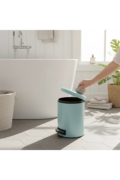İSAOĞLU YAPI سلة المهملات الزرقاء مع دواسة، سلة معدنية من الفولاذ المقاوم للصدأ باللون الأزرق الفاتح، غطاء يغلق ببطء
