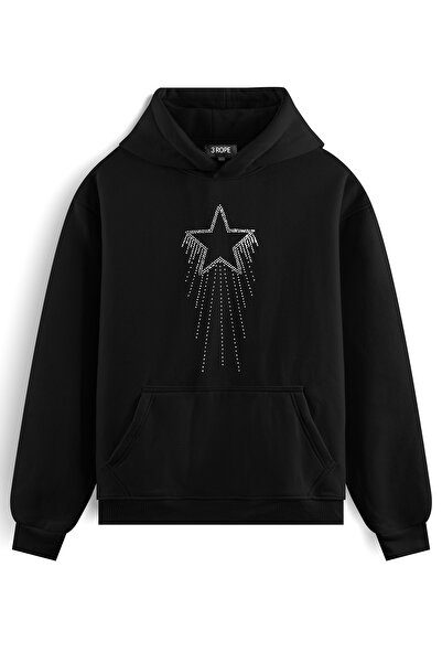 3 ROPE سترة ستار ستون مطبوع قصة فضفاضة بغطاء رأس للجنسين مع قماش صوف من الداخل