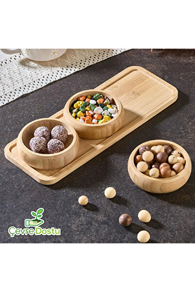 Raakmadezanmir 3'lü Bambu Stantlı Çerezlik, Kahvaltılık Kase Seti, Bambu Kuru...
